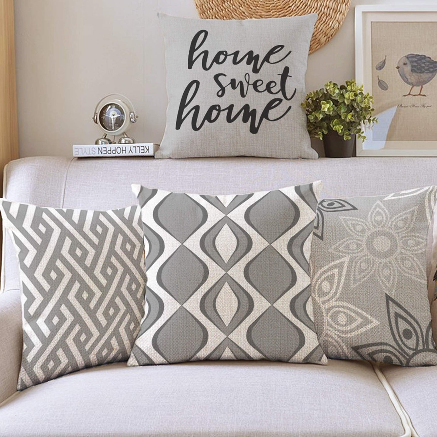 Grey Geometric Sweet Home Linen Pillow Cover